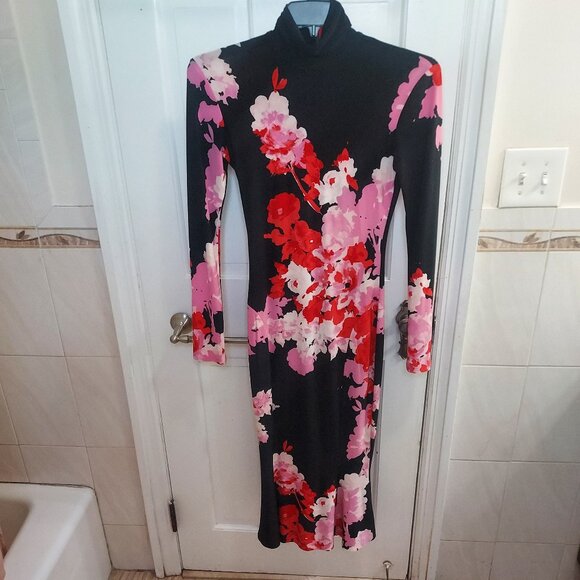 Norma Kamali Fishtail Midi Floral Black Turtleneck Dress - Picture 5 of 10